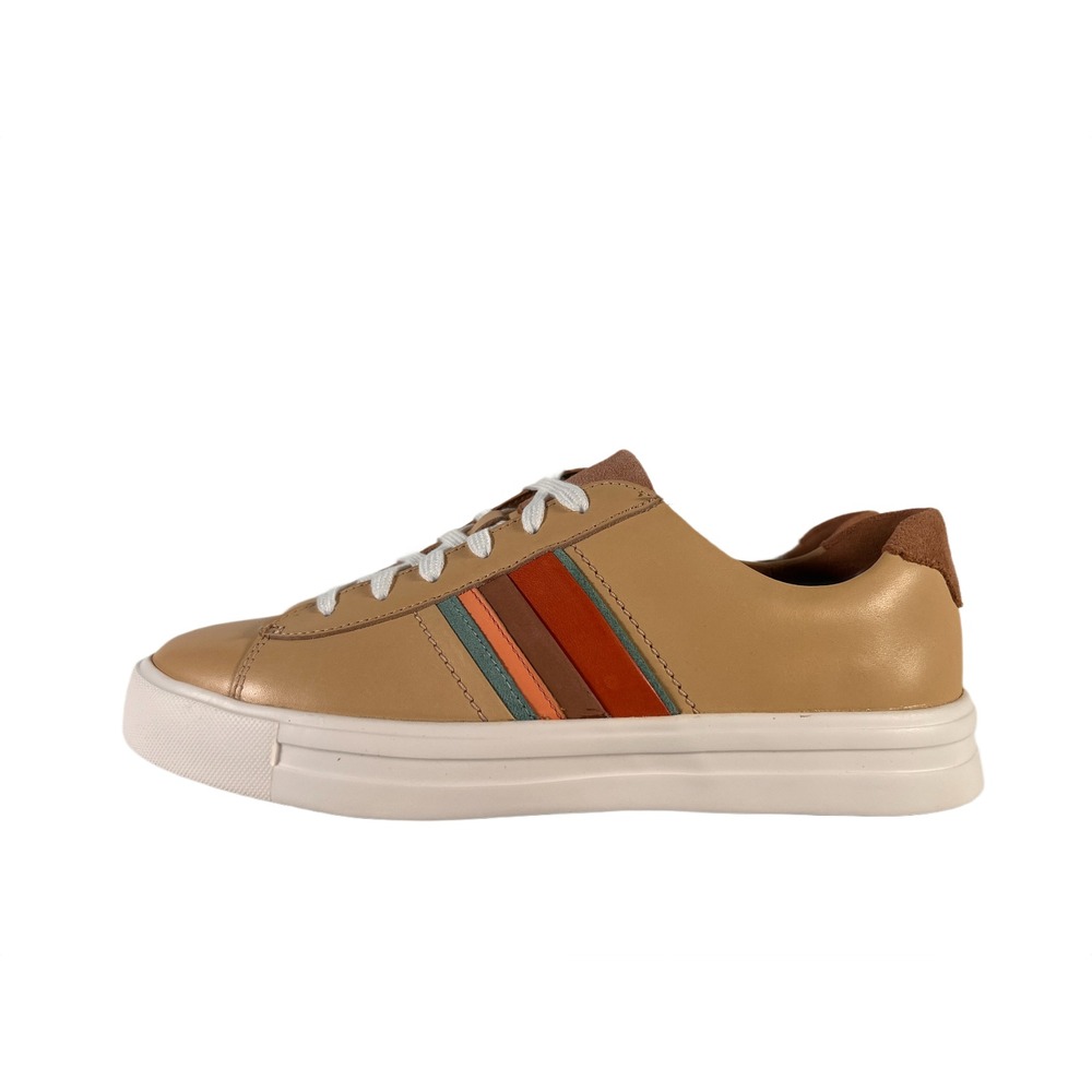 Clarks Un Maui Band Womens Sneaker Tan Leather With Brown Burgundy Stripes 6.5 M